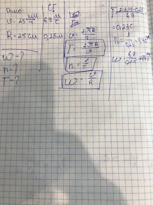 Скорость автомобиля 25 км/ч. Какова угловая скорость? Частота? Период вращения колеса? Если его диам