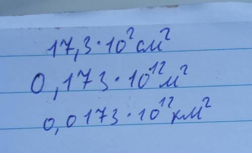 Площадь участка 17,3 × 10^12 см^2. Запишите площадь в м^2, км^2. ​