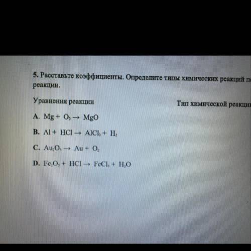 5. Расставьте коэффициенты. Определите типы химических реакций по уравнениям реакции. [4] Уравнения