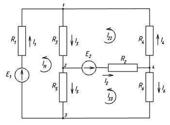 E1 = 130 В, Е2 = 110 В, R1 = 4 Ом, R2 = 8 Ом, R3 = 21 Ом, R4 = 16 Ом, R5 = 19 Ом, R6 = 16 Ом. Нужно