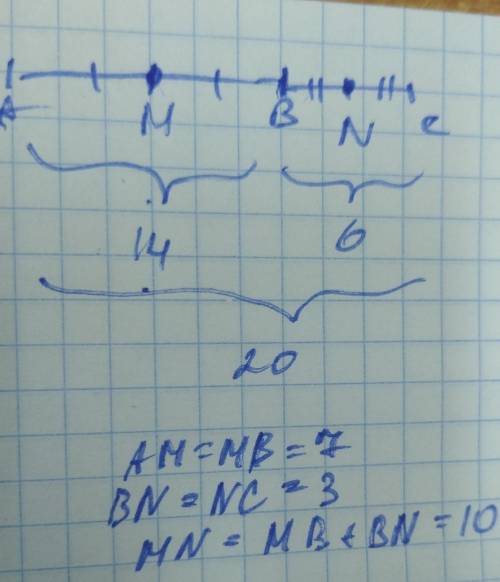 Найдите длину отрезка: На рисунке точка В принадлежит отрезку АС. Найдите длину отрезка МN, если М и