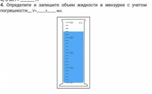 Определите и запишите объем жидкости в мензурке с учетом погрешности__ V=± мл.​