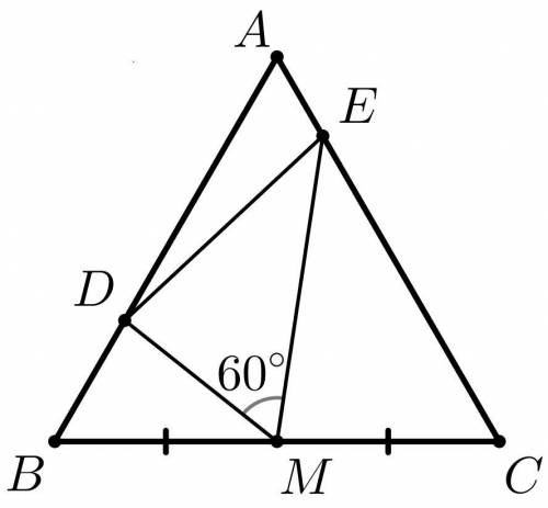 M — середина стороны BC равностороннего треугольника ABC. Точки D и E на сторонах AB и AC соответств