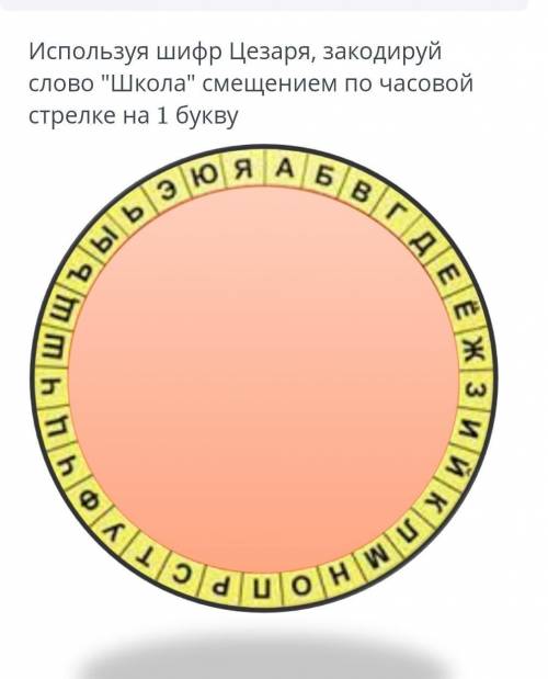 Используя шифр цезаря закодируйте слово ШКОЛА смещением по часовой стрелке на 1 букву ​