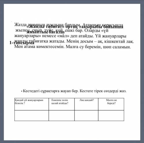 Кестедегі сурактарға жауап бер. Кестеге сездерді жаз.