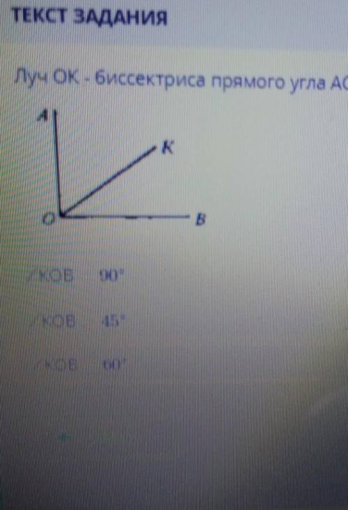 Луч OK -биссектриса прямого угла AOB. Найдите величину угла KOB. ​