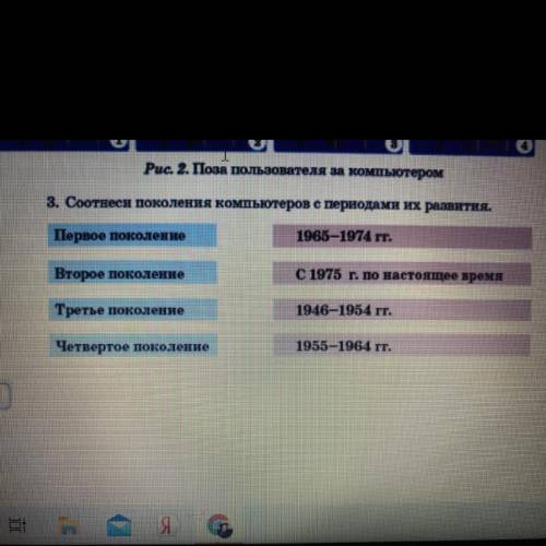 3. Соотнеси поколения компьютеров с периодами их развития. Первое поколение 1965-1974 гг. Второе пок