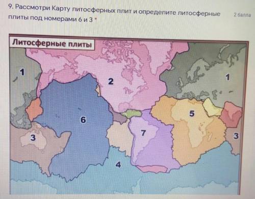 9. Рассмотри Карту литосферных плит и определите литосферныеПлиты под номерами 6 и 3 *​