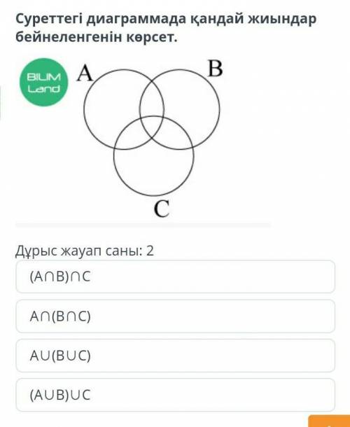 Суреттегі диаграммада қандай жиындар бейнеленгенін көрсет. Дұрыс жауап саны: 2(A∩B)∩СА∩(В∩С)А∪(В∪С)(