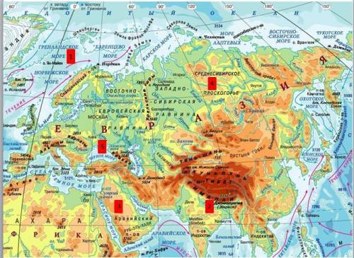 Составь номенклатуру Евразии. Запиши названия географических объектов отмеченных цифрами.