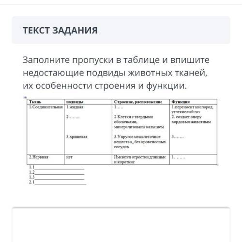 Заполните пропуски в таблице и впишите недостающие подвиды животных тканей их особенности