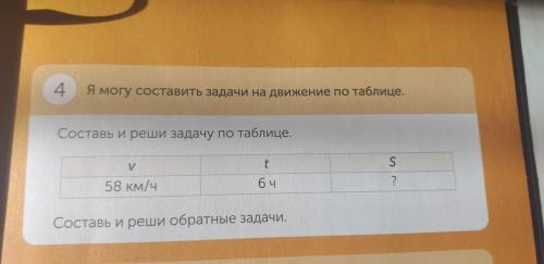 Я могу составить задачи на движение по таблице Составь и реши задачу по таблице V=58км/ч t=6ч S=?км