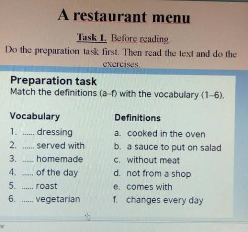 Then read the text and exercises. do the Preparation task Match the definitions (a - f) with the voc