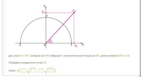 Дан угол α = 45°, который луч образует с положительной полуосью , длина отрезка = 14. Определи коорд