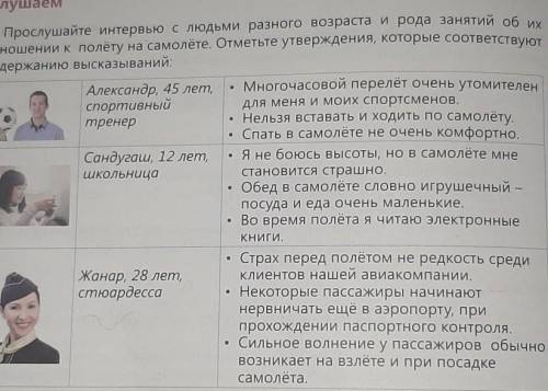 Прослушайте интервью с людьми разного возраста и рода занятий об их отношении к полёту на самолёте.