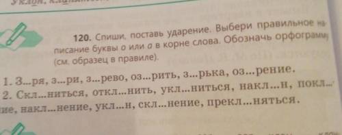 120. Спиши, поставь ударение, Выбери правильное на писание буквы о или а в корне слова, обозначь орф