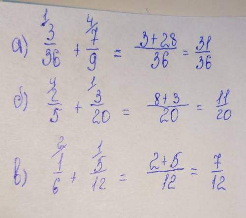 а) 3/36+7/9 б) 2/5+3/20 в) 1/6+5/12 на тему:сравнение дробей. Сложение и вычитание дробей с разными