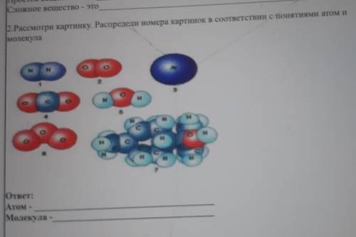 Рассмотри картинку распредели номера картинок в соответствии с понятиями атом и молекула​