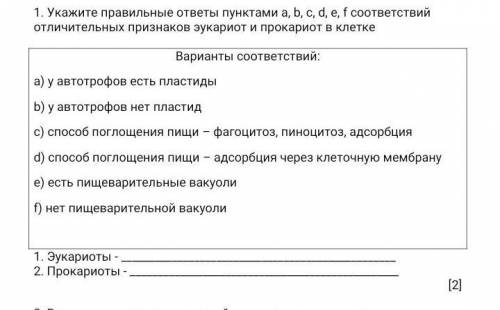 Укажите правильные ответы пунктами а, b, c, d, e, f соответствий отличительных признаков эукариот и