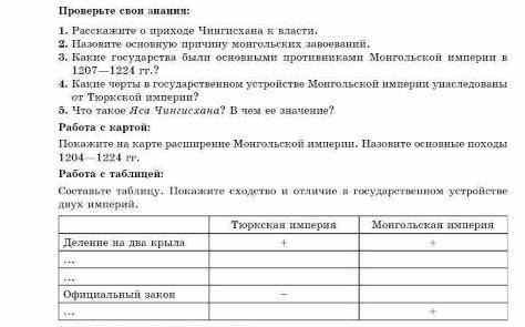 сделать вопросы и таблицу по истории 10 класс,по теме империя чингисхана и его наследие