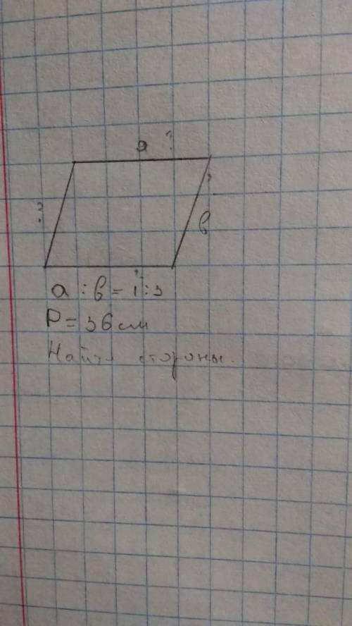 Дан параллелограмм. Его периметр 36 см. a : b = 1 : 3 Нужно найти стороны.