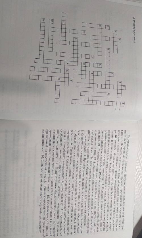 По горизонтали: 4. Сильный, неуравновешенный, подвижный темпера- мент. 5. Внутренний психический про