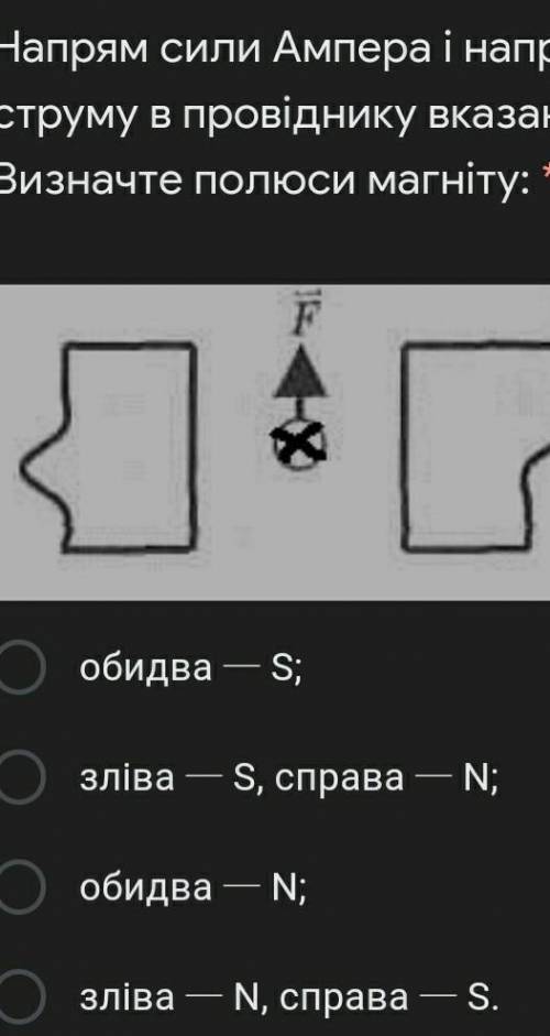 Напрям сили Ампера і напрям струму в провіднику вказані. Визначте полюси магніту​