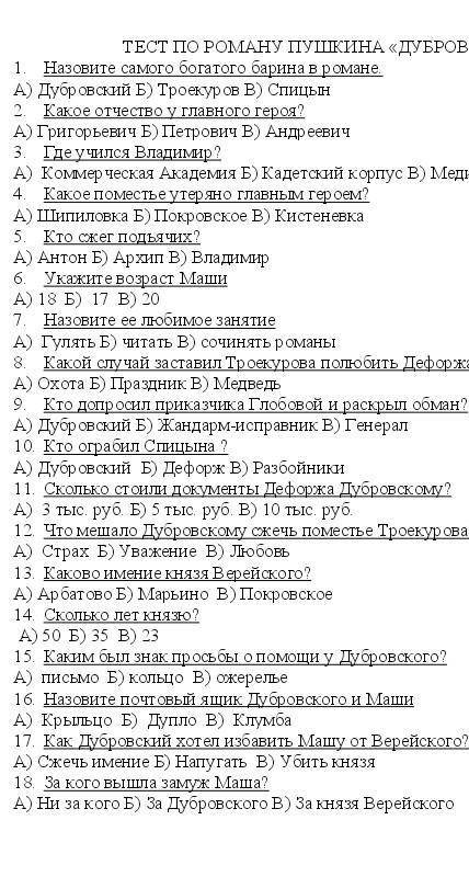 Тест по литературе по роману дубровский. Очень надо