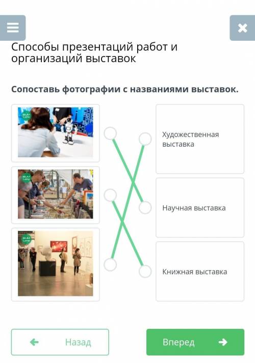 презентаций работ и организаций выставок Сопоставь фотографии с названиями выставок.​