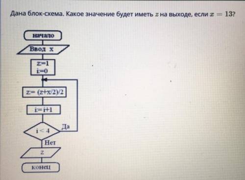 Дана блок-схема. Какое значение будет иметь z на выходе, если x = 13?