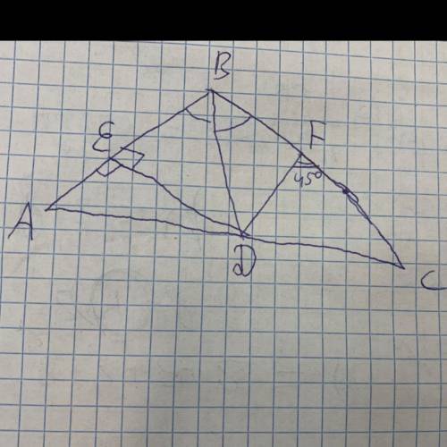 ABC - остроугольный треугольник. BD - биссектриса. В треугольнике ADB проведена высота DE. Угол DFC