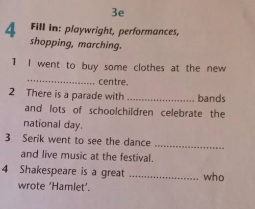 Fill in: playwright, performances, shopping, marching​