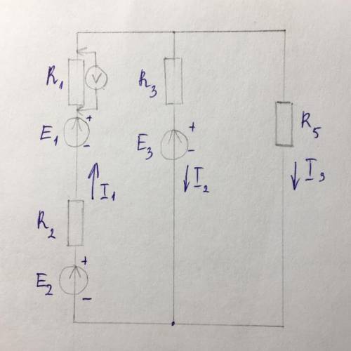 Рассчитайте токи I1, I2, I3 методом контурных токов. U1=21,8 U2=21,8 U3=5,6 R1=32,6 R2=37,78 R3=79,3