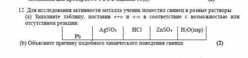 12. Для исследования активности металла ученик поместил свинец в разные растворы. (а) Заполните табл