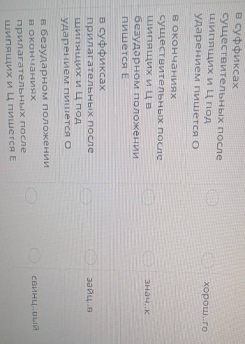 Соотнесите слова с правилами написания гласных О, Е в суффиксах и окончаниях существительных и прила