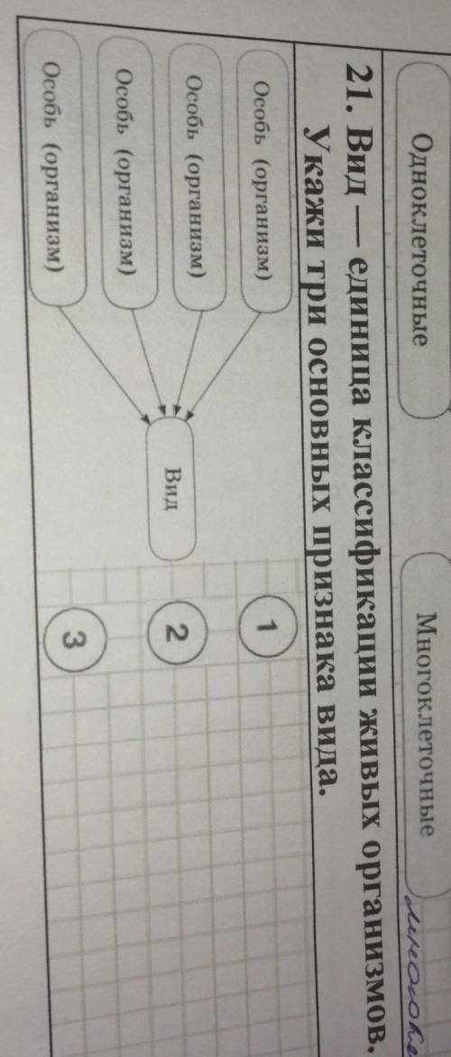 21. Вид — единица классификации живых организмов. Укажи три основных признака вида.Особь (организм)О