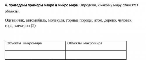 Приведены примеры макро и микро мира. Определи, к какому миру относятся объекты. Одуванчик, автомоби