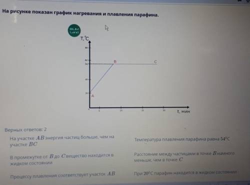 На рисунке показан график нагревания и плавления парафина. t, минВерных ответов: 2На участке AB энер