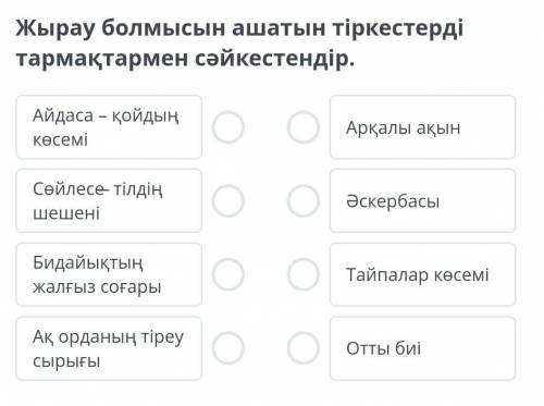 Жырау болмысын ашатын тіркестерді тармақтармен сәйкестендір.​