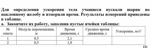 5. Для определения ускорения тела учащиеся пускали шарик по наклонному желобу и измеряли время. Резу