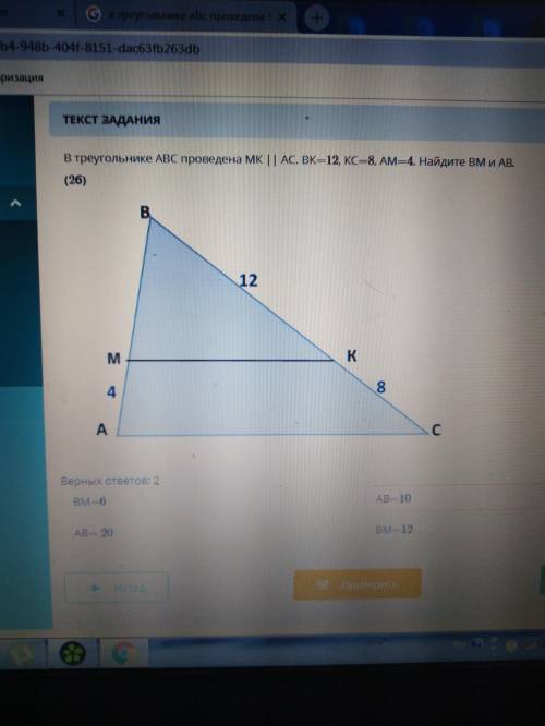 НУЖЕН ОТВЕТ! ИХ 2!В треугольнике абс проведена мк ||ас. Вк =12,КС =8,АМ=4.НАЙДИТЕ ВМ И АВ