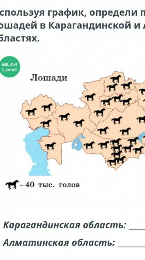 Используя график , определи поголовье лошадей в Карагандинской и Алматинской областях .​