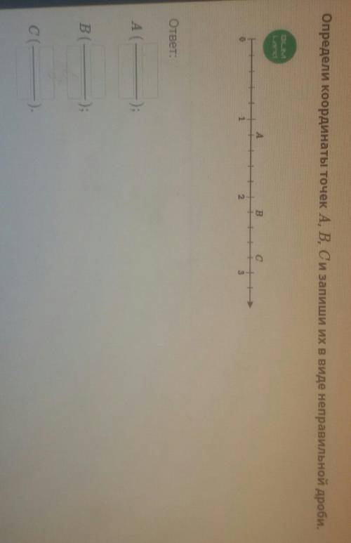 Определи координаты точек А и Б и С и запиши их в виде неправельной дроби