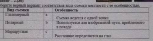 Выберите верный вариант соответствия видов съёмки местности с её особенностью​