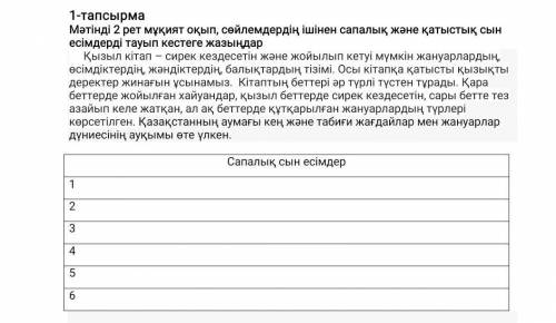 1-тапсырма Мәтінді 2 рет мұқият оқып, сөйлемдердің ішінен сапалық және қатыстық сын есімдерді тауып