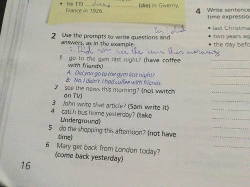 Use the prompts to write questions and answers as in the example.