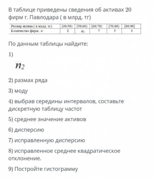 Размер актива(в млрд тг), количество фирм (n), найти n2, размах ряда, моду и т.д. Остальное во вложе