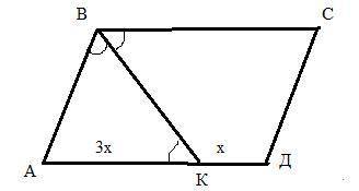 Биссектриса тупого угла B параллелограмма ABCD с периметром 98 см пересекает стену AD в точке K. КД: