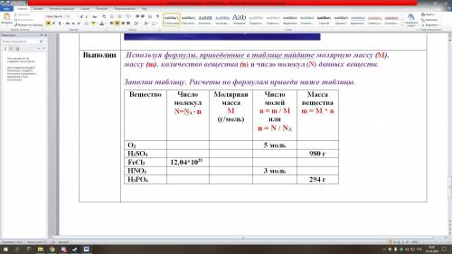 Используя формулы, приведенные в таблице найдите молярную массу (M), массу (m), количество вещества