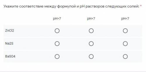 Укажите соответствие между формулой и рН растворов следующих солей: рН>7 рН=7 рН<7 ZnCl2 Na2S